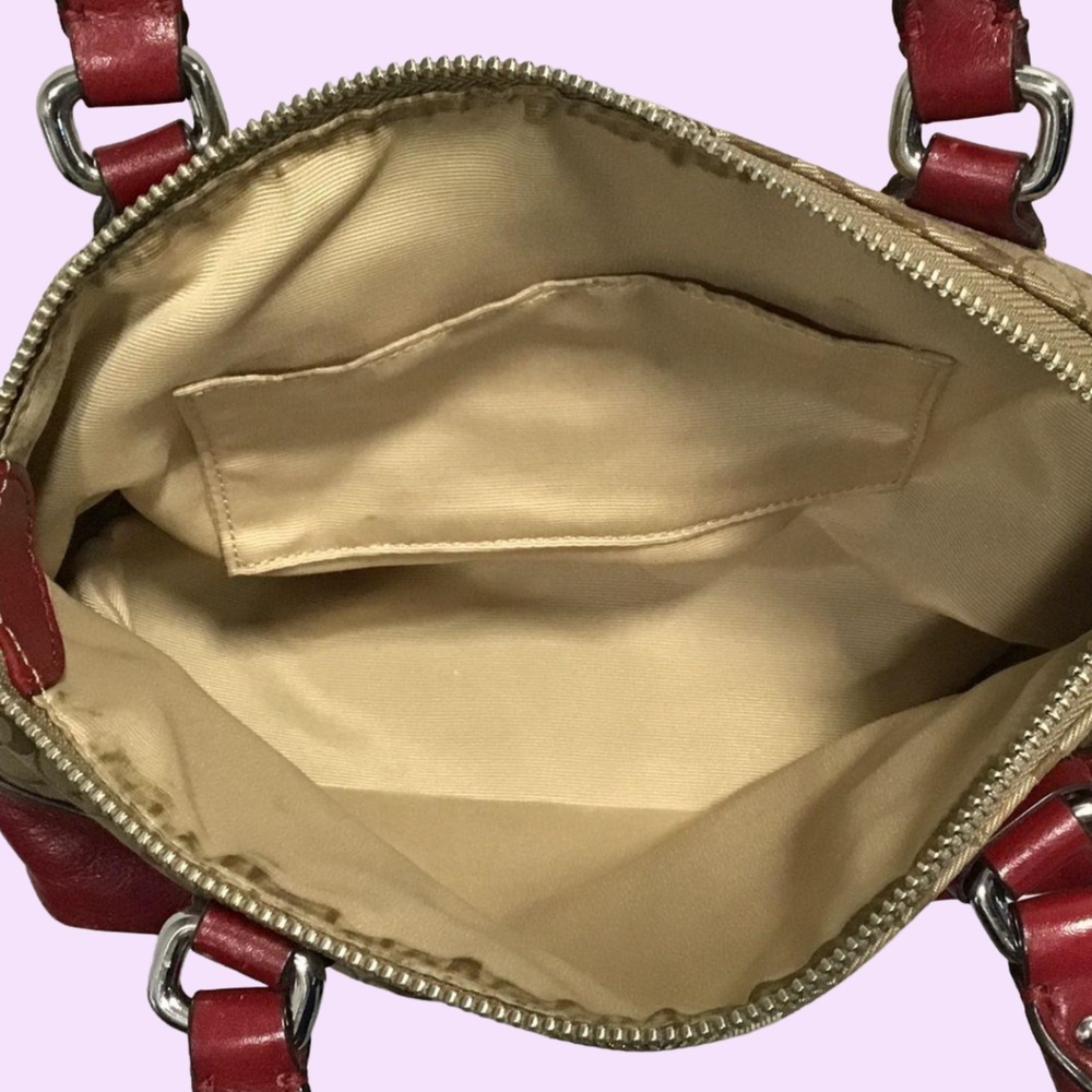 Coach Signature Monogram Shoulder Bag Brown Khaki Red Leather Trim Y2K Legacy - Picture 4 of 7